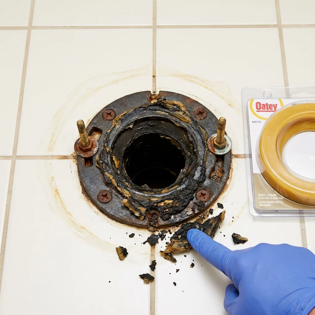 Failed wax ring showing water seepage at the base of a toilet in a Alamo, CA home