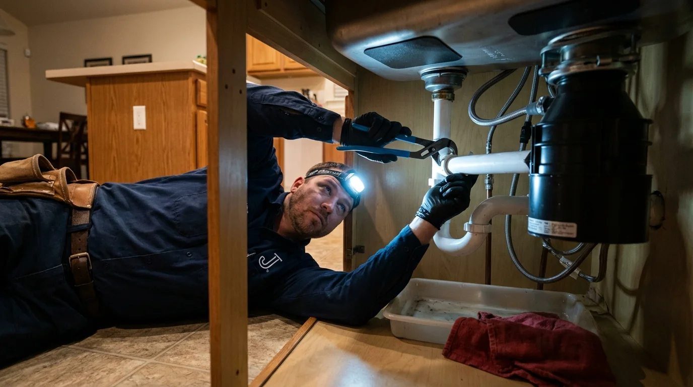 P-trap and supply line connections under a kitchen sink showing a common leak point in Alamo, CA